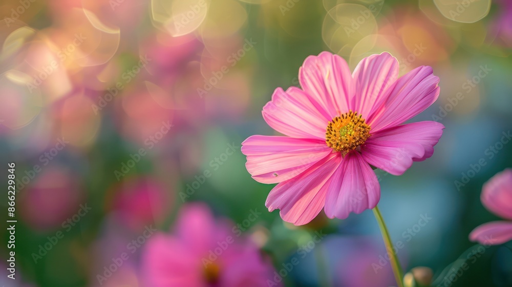 A single pink flower with a yellow center is the main focus of the image A single pink flower with a yellow center is the main focus of the image