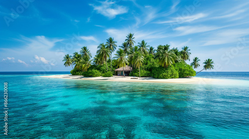 A tropical island with palm trees, a white sandy beach, and a small house in the middle 