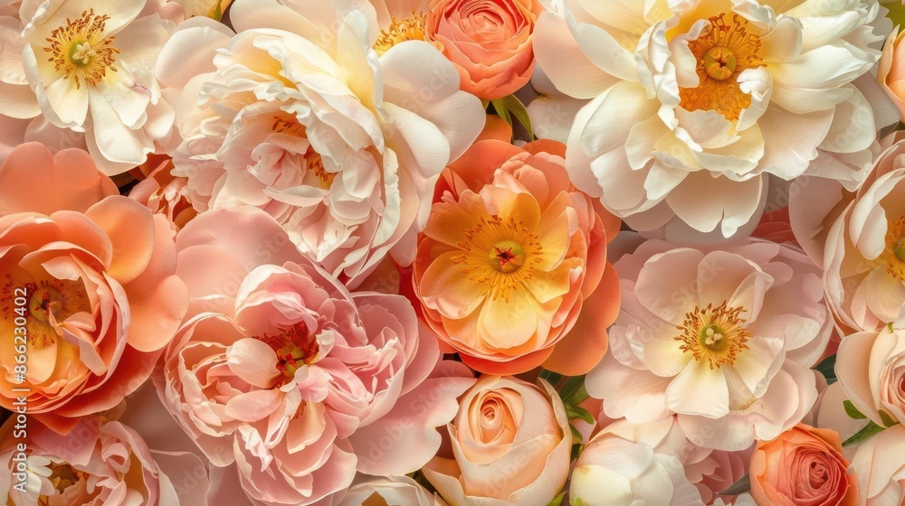A detailed floral composition with large, blooming peonies and roses in soft and vibrant hues, Botanical, Warm colors, Illustration, highlighting natural beauty and elegance A detailed floral composition with large, blooming peonies and roses in soft and vibrant hues, Botanical, Warm colors, Illustration, highlighting natural beauty and elegance