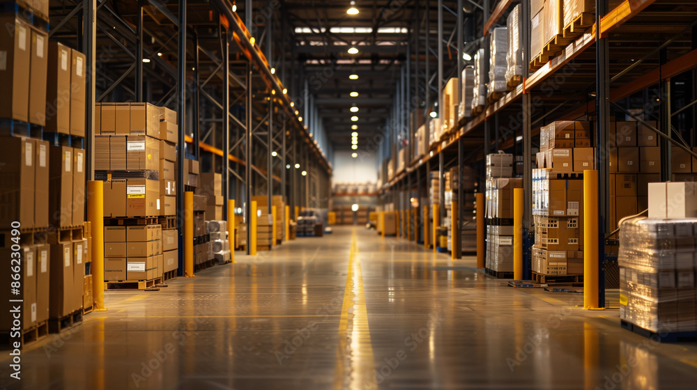 Spacious warehouse with shelves and boxes on both sides. Spacious warehouse with shelves and boxes on both sides.
