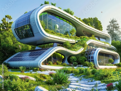 A futuristic ecohome with a rooftop garden and integrated solar panels, Sustainable, Green and silver tones, Digital painting, showcasing green living photo