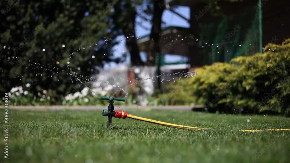 Watering system with rotating sprinkler installed on backyard lawn Watering system with rotating sprinkler installed on backyard lawn