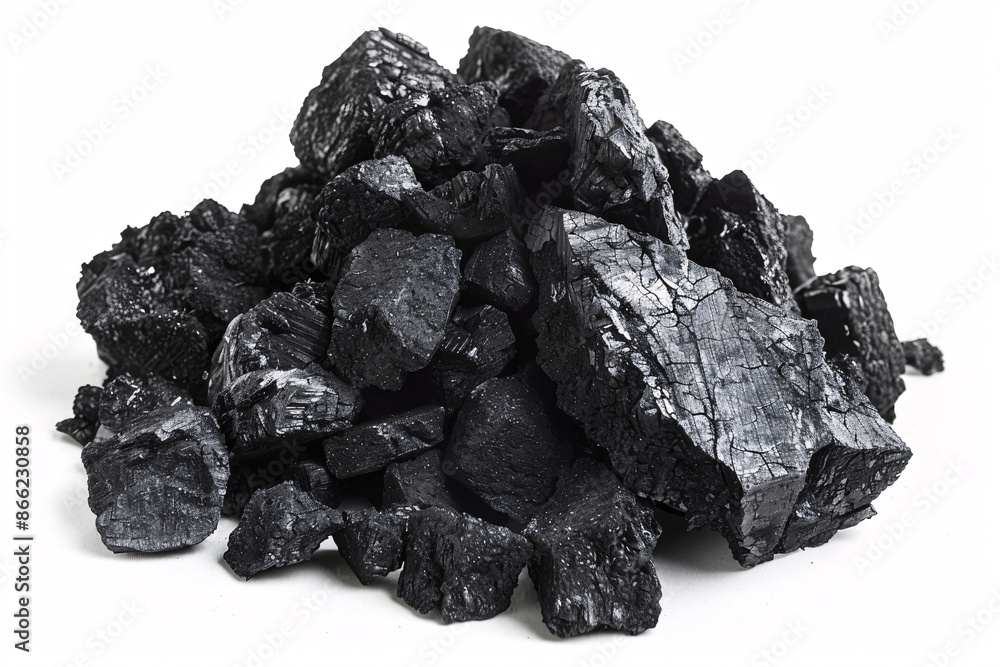 Pile of coal rocks isolated on a white background representing raw energy sources and industrial materials