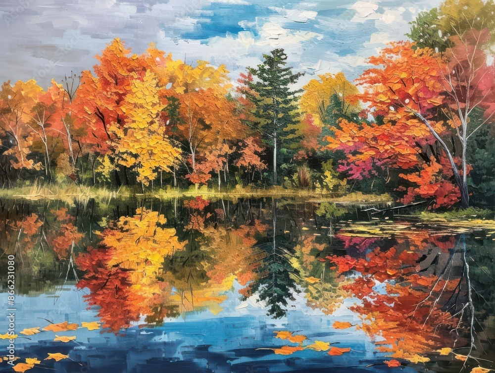 Obraz premium A serene autumn landscape with a glassy lake reflecting vibrant fall foliage, Natural, Warm colors, Oil painting, capturing tranquility and beauty