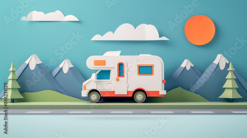 Illustration of a papercraft camper van traveling through mountains during sunny day. © Pro Hi-Res