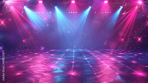 Illustration of a dance floor with spotlights, ample copy space, icons of dance shoes and stars © kazitafahnizeer