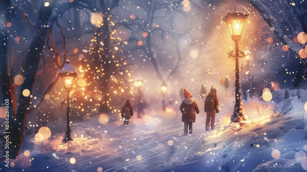 Fototapeta premium A whimsical scene of children playing in a magical snowfall, Fantasy, Soft tones, Digital painting, blending winter with enchantment