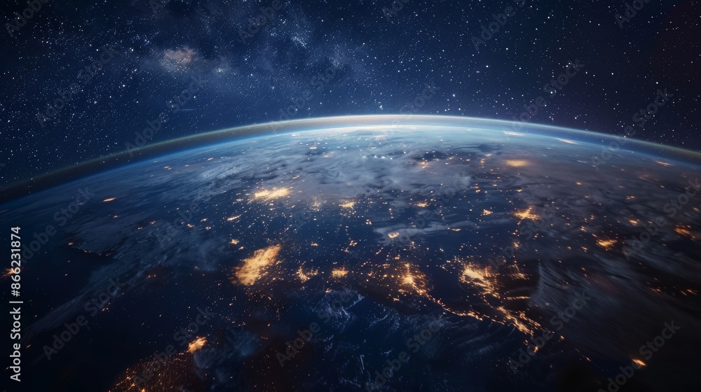 Obraz premium Earth's night side with bright city lights contrasted against the dark ocean