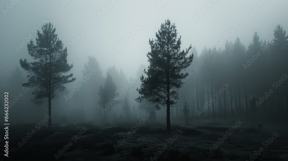 Eerie pine forest enveloped in thick fog with silhouettes of trees fading into the distance Eerie pine forest enveloped in thick fog with silhouettes of trees fading into the distance
