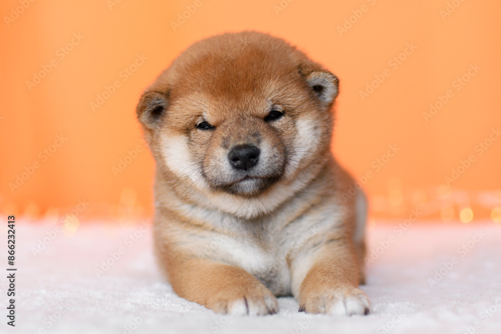 Cute shiba inu puppy on orange background Cute shiba inu puppy on orange background