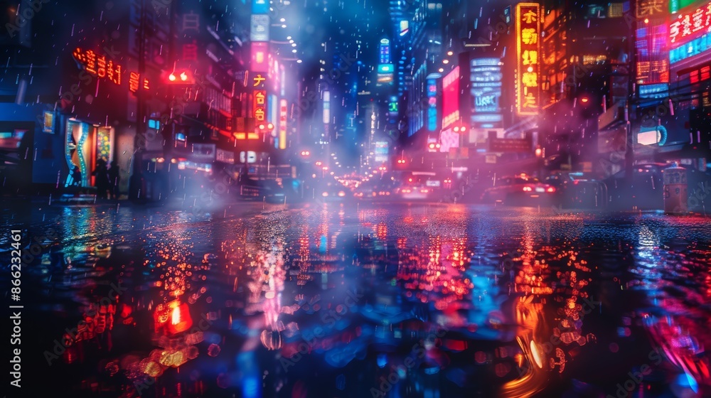 Empty city street with intense neon reflections on wet pavement, surrounded by smoke. Empty city street with intense neon reflections on wet pavement, surrounded by smoke.