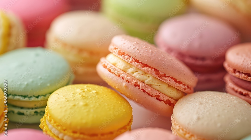 A close up of a variety of colorful macarons A close up of a variety of colorful macarons