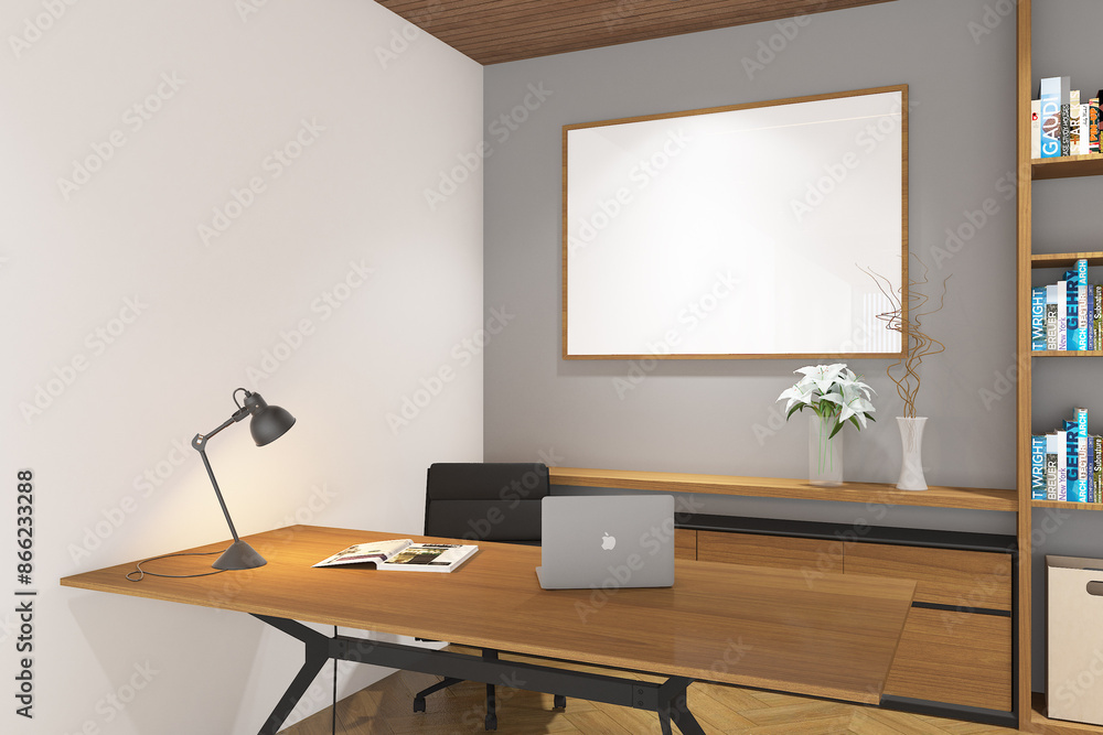 3d render of frame mockup in thelibrary of minimal design. Wood parquet floor, white wall and wood ceiling. Set 28 3d render of frame mockup in thelibrary of minimal design. Wood parquet floor, white wall and wood ceiling. Set 28
