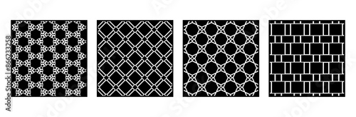 Set of 4 Oriental black and white pattern for fabric, wallpaper, flyer, business card. For use in graphics.