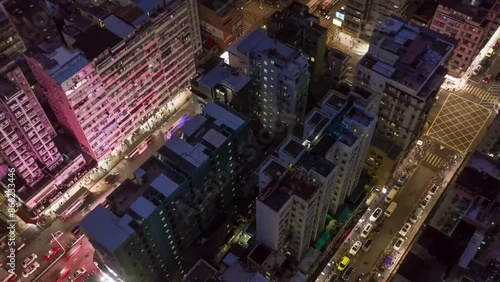 Aerial hyperlapse, dronelapse video of Hong Kong city at night photo