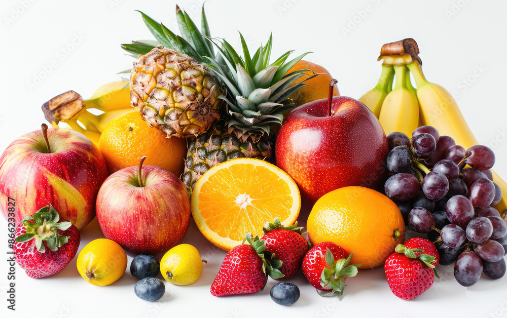 Fruit salad with (kiwi, apples, pears, bananas, melon, peaches, apricots, pineapple, raspberries) with white background for editing use Fruit salad with (kiwi, apples, pears, bananas, melon, peaches, apricots, pineapple, raspberries) with white background for editing use