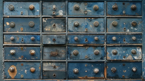 Antique Blue Drawers with Worn Metal Hardware