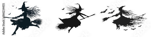 Elegant Black Silhouette of a Witch and Bat Flying on a Broomstick, Perfect for Halloween Decor, Spooky Designs, and Fantasy Art © Julie