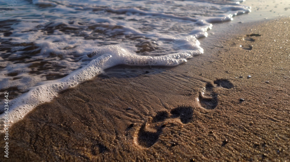 Gentle waves lapping at the shoreline, leaving wet footprints in the sand Gentle waves lapping at the shoreline, leaving wet footprints in the sand