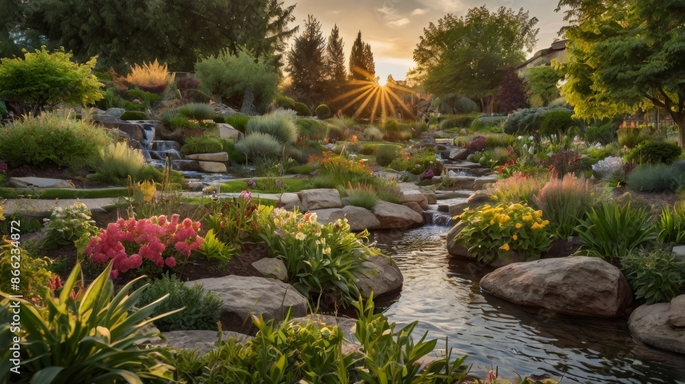 Beautiful park with rocky river and green grass in the afternoon Beautiful park with rocky river and green grass in the afternoon