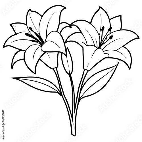 Coloring pages of a black outline of lilies and a branch with flowers and buds
