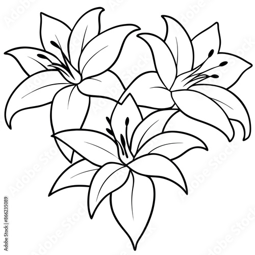 Coloring pages of a black outline of lilies and a branch with flowers and buds