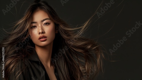 Half-body photo of an Asian woman with long, flowing hair and flawless makeup, dressed in a stylish modern outfit
