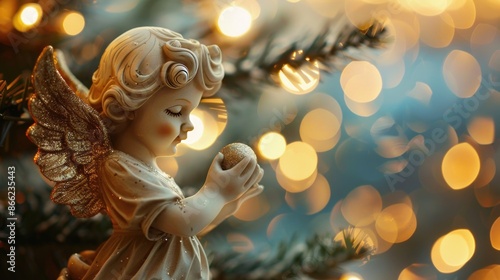 Angel with Christmas decoration on bokeh background