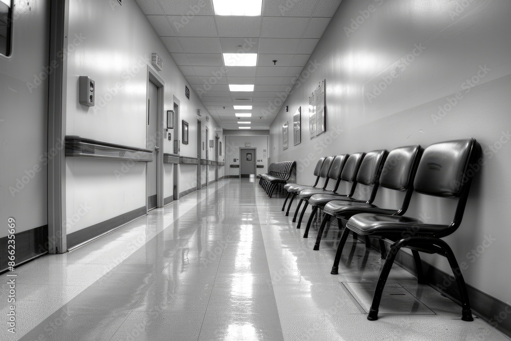 Nurse Station. Empty New Row of Chairs in Hospital Corridor Nurse Station. Empty New Row of Chairs in Hospital Corridor