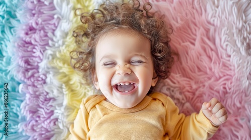 Wallpaper Mural Happy baby with curly hair laughing while lying on a soft, pastel-colored rug Torontodigital.ca