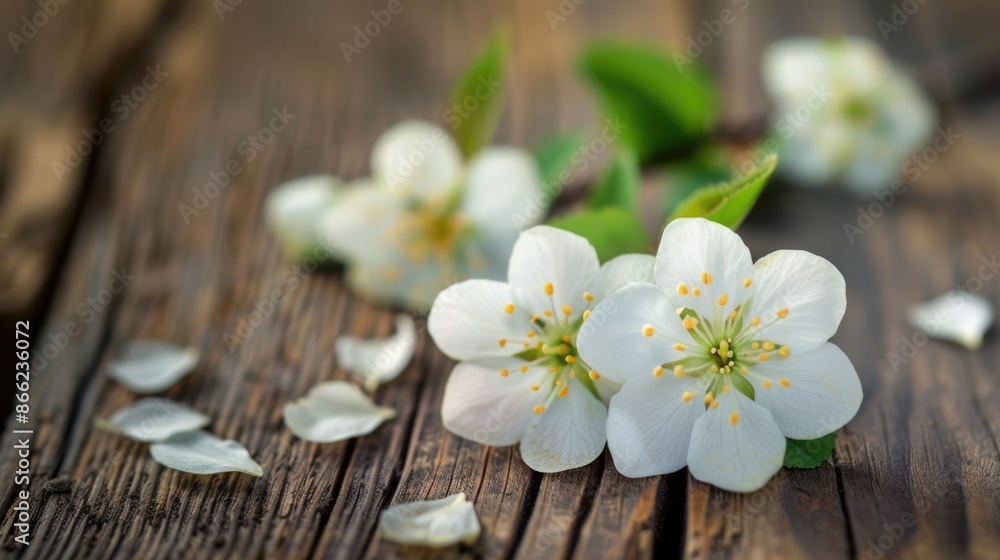 Wood Flowers. Spring Blossom Health. Fruit Flowers on Wooden Table Background Wood Flowers. Spring Blossom Health. Fruit Flowers on Wooden Table Background