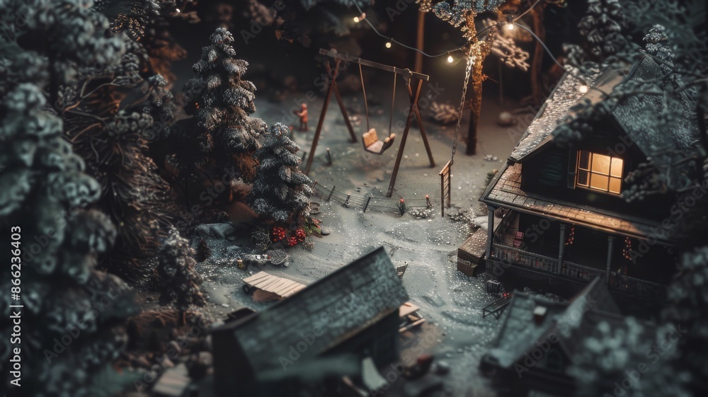 Miniature snowy village scene at night with cozy cabin, swing set, and snowy trees. Christmas, winter wonderland, festive season concept. Miniature snowy village scene at night with cozy cabin, swing set, and snowy trees. Christmas, winter wonderland, festive season concept.