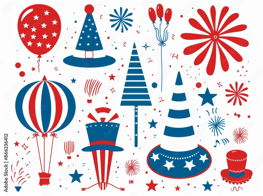 Festive red and blue Fourth of July elements with balloons, hats, and stars Festive red and blue Fourth of July elements with balloons, hats, and stars