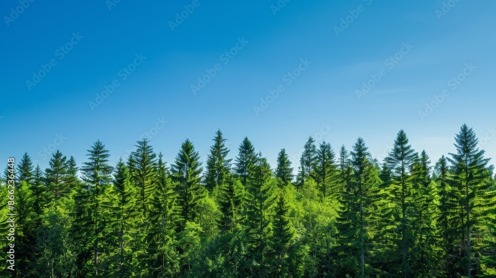 Healthy green trees in a mixed forest of old spruce, fir, and pine, with a clear blue sky above Healthy green trees in a mixed forest of old spruce, fir, and pine, with a clear blue sky above