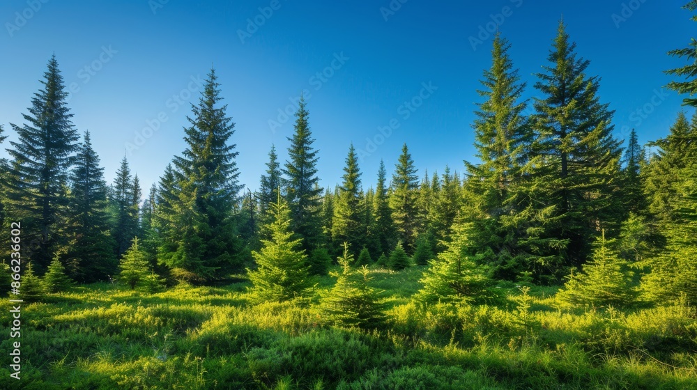 Healthy green trees in a mixed forest of old spruce, fir, and pine, with a clear blue sky above Healthy green trees in a mixed forest of old spruce, fir, and pine, with a clear blue sky above