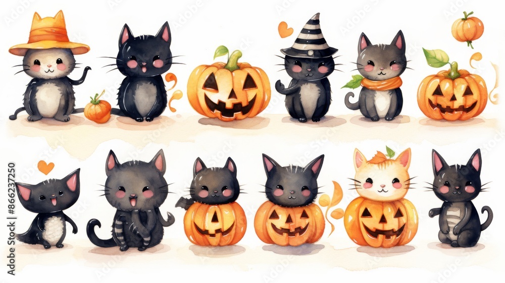Cute Halloween Black Cat Illustrations. Adorable kittens in various costumes with pumpkins. Perfect for Halloween designs, greeting cards, and spooky celebrations. Cute Halloween Black Cat Illustrations. Adorable kittens in various costumes with pumpkins. Perfect for Halloween designs, greeting cards, and spooky celebrations.