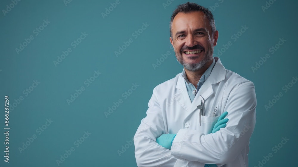 A smiling man in a white lab coat is posing for a picture A smiling man in a white lab coat is posing for a picture