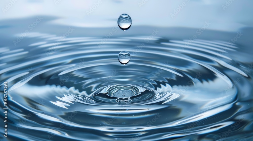 Isolated water drop striking a motionless water surface, resulting in precise and even circular waves spreading outward Isolated water drop striking a motionless water surface, resulting in precise and even circular waves spreading outward