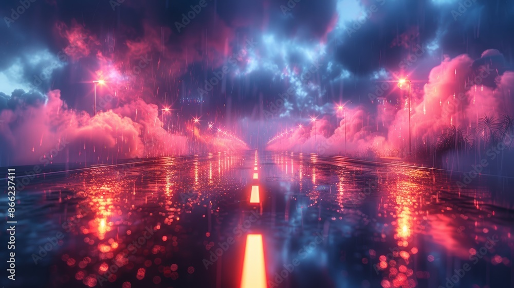 Lonely urban road with neon lights bouncing off wet surfaces and swirling smoke. Lonely urban road with neon lights bouncing off wet surfaces and swirling smoke.
