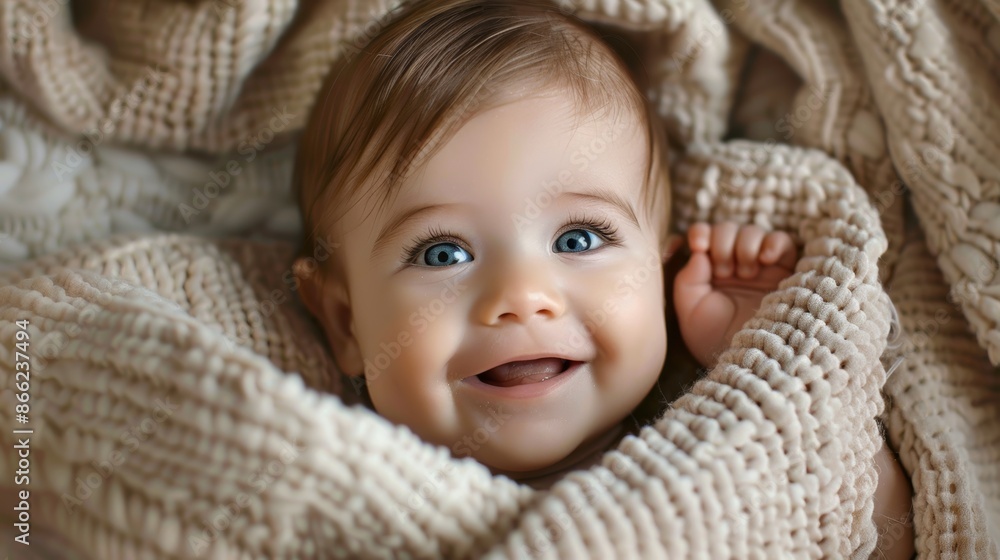 Lovely baby girl wrapped in a soft blanket, smiling and looking up Lovely baby girl wrapped in a soft blanket, smiling and looking up