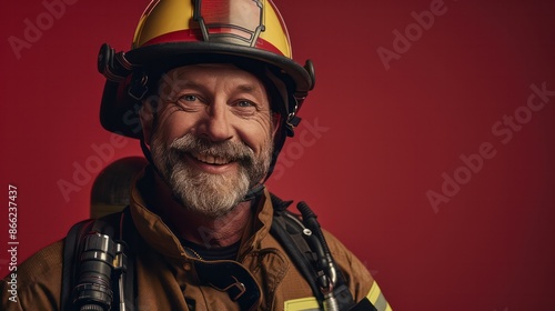 A smiling man in a yellow and black fireman's helmet