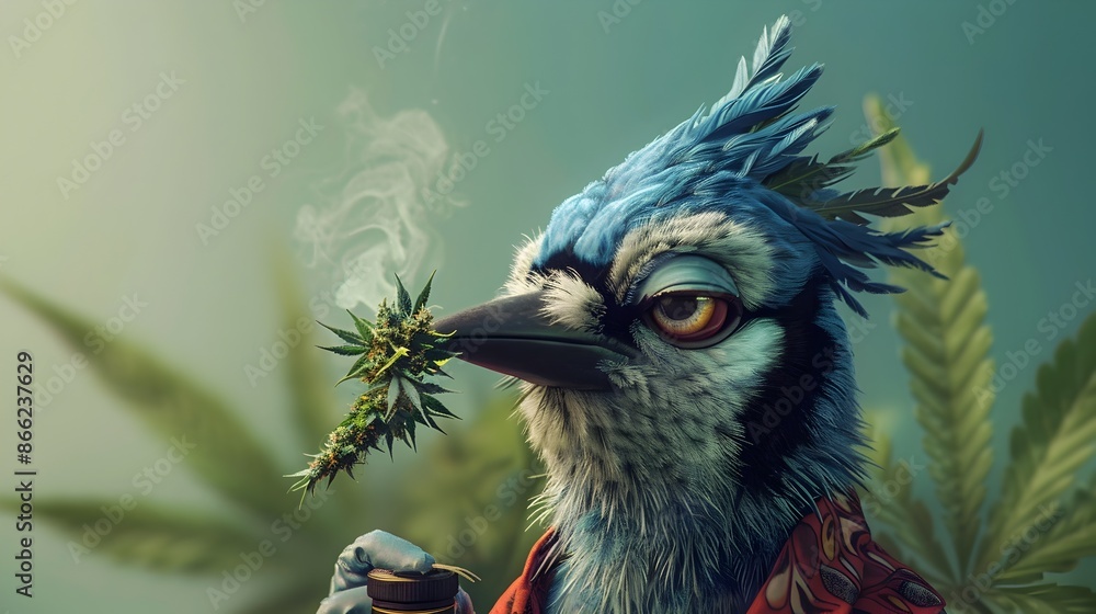 A Surreal Blue Jay Indulging in Cannabis on a Vibrant Green Background A Surreal Blue Jay Indulging in Cannabis on a Vibrant Green Background