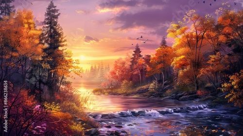 Autumn landscape with colorful trees, river and sunset. Digital painting