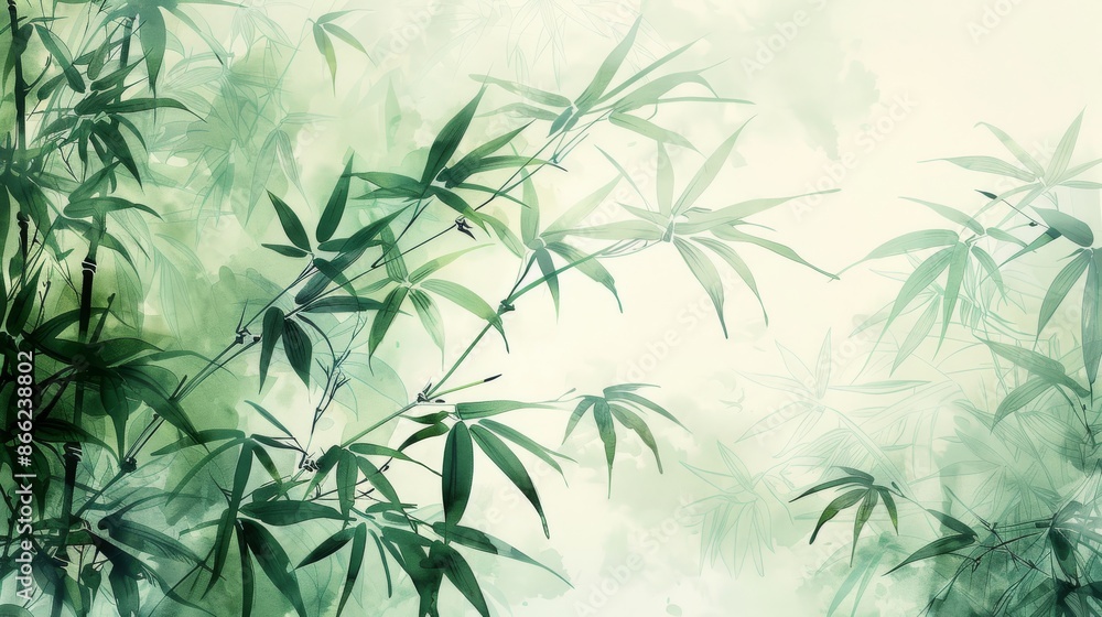 Fototapeta premium Abstract art of green bamboo stalks and leaves in a misty forest, painted in a traditional sumi-e style with soft watercolor textures. Concept of nature, serenity, tranquility, growth, and renewal.