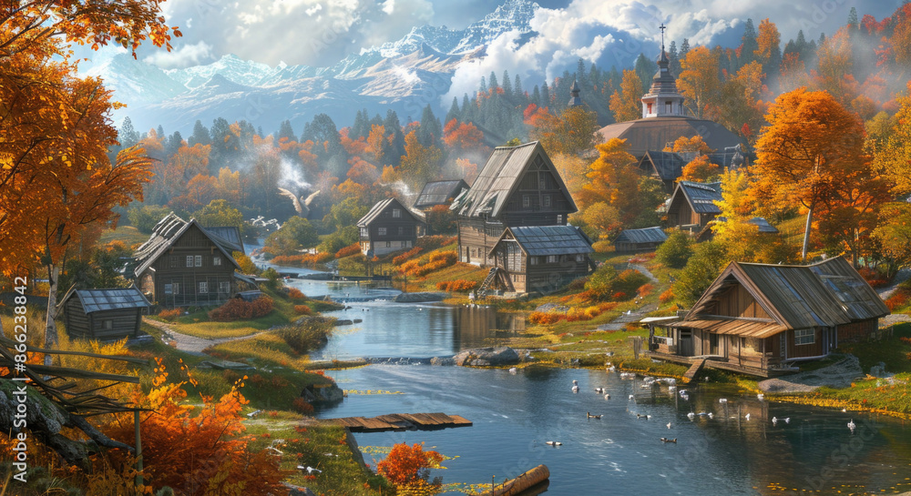 Fototapeta premium Autumn landscape with traditional wooden houses and rivers