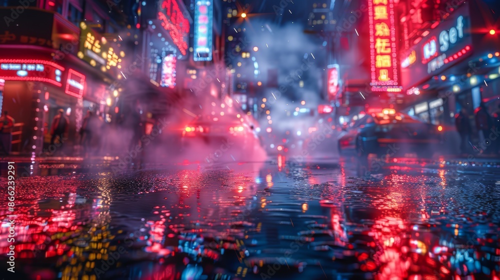 Neon reflections on wet pavement with swirling smoke in a deserted urban street at night. Neon reflections on wet pavement with swirling smoke in a deserted urban street at night.