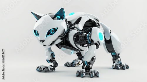 A futuristic robotic cat with blue glowing eyes and black and white body.