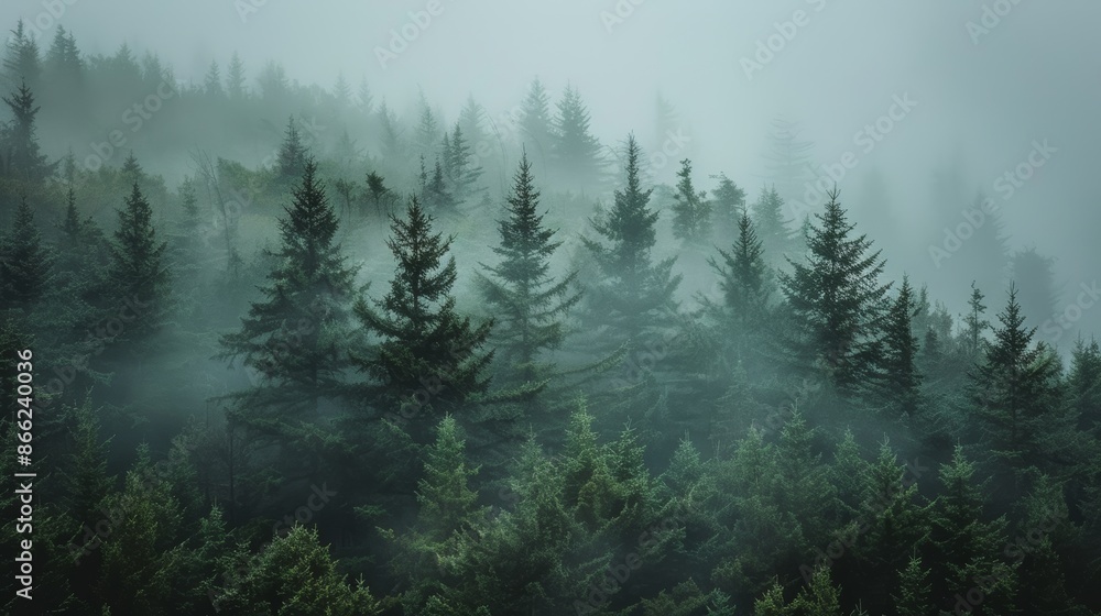 Overcast day in a pine forest with heavy fog obscuring the tree tops and creating an ethereal scene Overcast day in a pine forest with heavy fog obscuring the tree tops and creating an ethereal scene