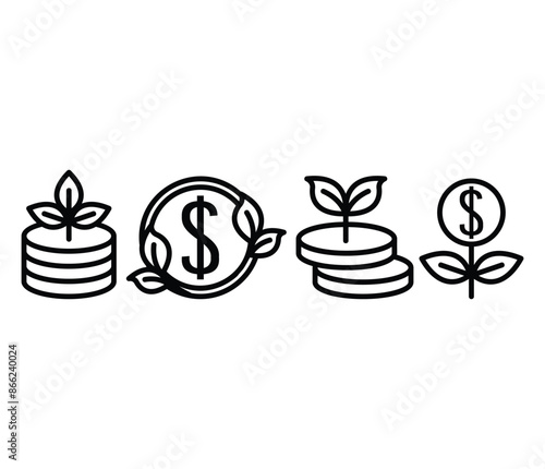sustainable coin investment grow with leaves icons symbol vector design simple black white color illustration collection sets