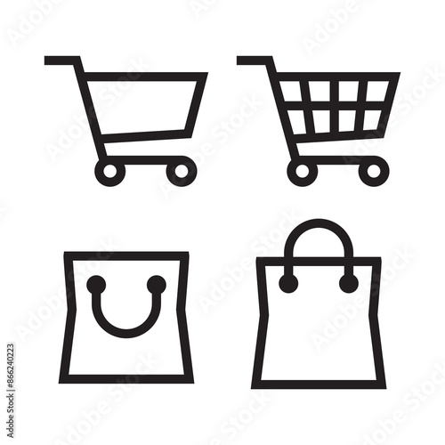 Shopping cart icon. Shopping trolley and shopping bag in outline. Web cart in line. Shop symbol in black. Trolley icon set. Stock vector illustration